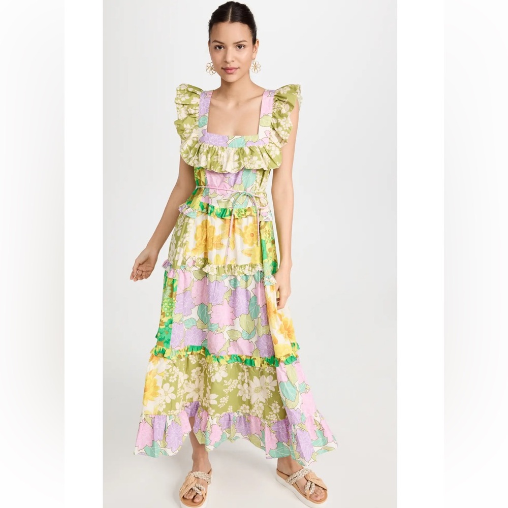 Alemais Pastel Floral Ruffle Maxi Dress in Yellow, Green, Lavender